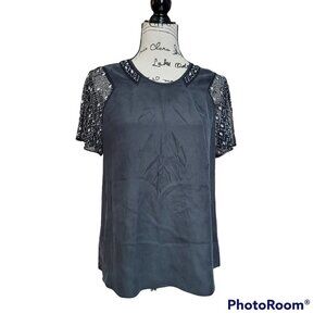 Rebecca Taylor 100% Silk Black Top with Embellished Sleeves - Size 4